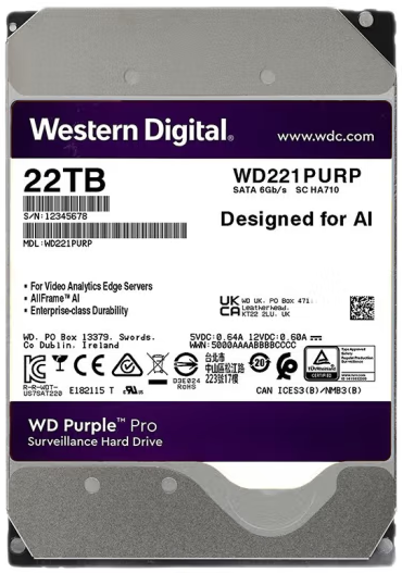 WD221PURP西数22TB SATA Purple PRO监控AI录像机硬盘